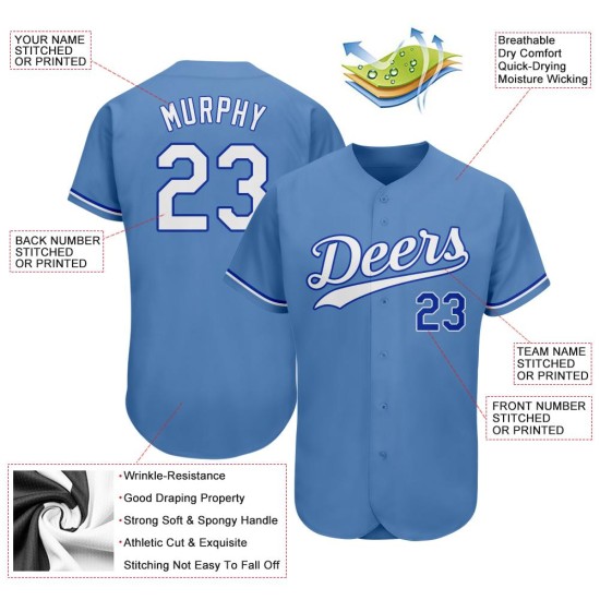 Maillot de baseball bleu personnalisé, blanc clair et bleu royal authentique Maillot de baseball bleu personnalisé, blanc clair et bleu royal authentique