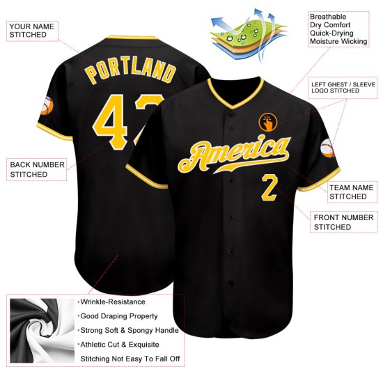 Maillot de baseball noir personnalisé authentique doré et blanc Maillot de baseball noir personnalisé authentique doré et blanc