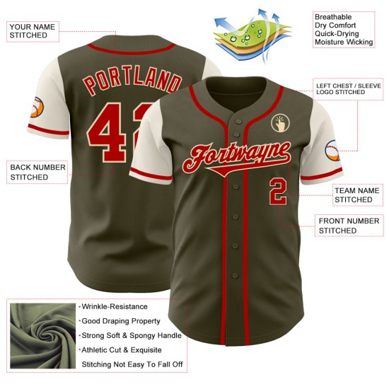 Maillot de baseball authentique de couleur rouge crème, style Salute Two Olive Maillot de baseball authentique de couleur rouge crème, style Salute Two Olive