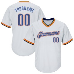 Maillot de baseball blanc en tricot côtelé authentique et personnalisé, bleu marine et orange