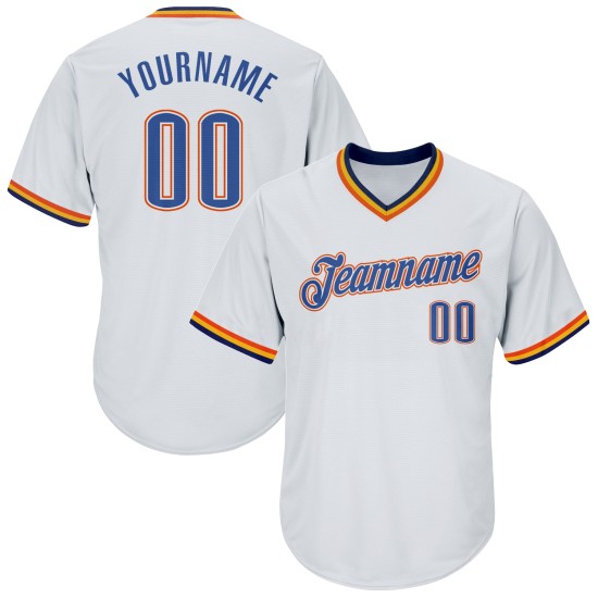 Maillot de baseball blanc en tricot côtelé authentique et personnalisé, bleu marine et orange Maillot de baseball blanc en tricot côtelé authentique et personnalisé, bleu marine et orange