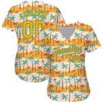 Maillot de baseball 3D motif palmiers doré et bleu sarcelle, motif authentique hawaïen, blanc, personnalisé Maillot de baseball 3D motif palmiers doré et bleu sarcelle, motif authentique hawaïen, blanc, personnalisé