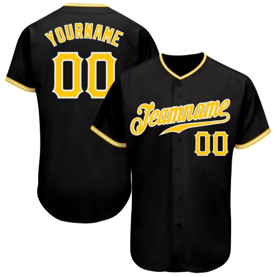 Maillot de baseball noir personnalisé authentique doré et blanc Maillot de baseball noir personnalisé authentique doré et blanc