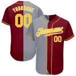 Maillot de baseball fendu gris-doré authentique à la mode cramoisi personnalisé Maillot de baseball fendu gris-doré authentique à la mode cramoisi personnalisé