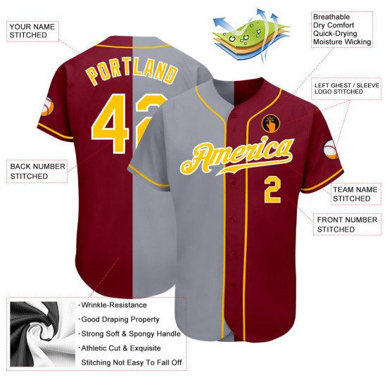 Maillot de baseball fendu gris-doré authentique à la mode cramoisi personnalisé Maillot de baseball fendu gris-doré authentique à la mode cramoisi personnalisé