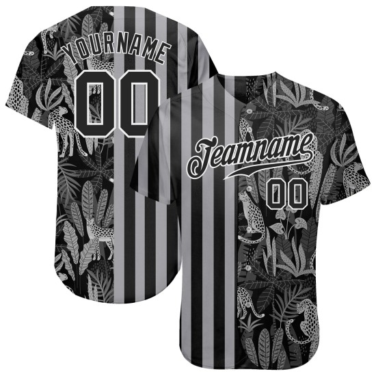 Maillot de baseball authentique 3D motif palmier noir et léopards, feuilles tropicales noires et grises, personnalisé Maillot de baseball authentique 3D motif palmier noir et léopards, feuilles tropicales noires et grises, personnalisé