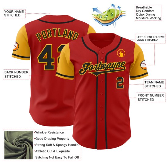 Maillot de baseball rouge personnalisé ton deux noir-or authentique Maillot de baseball rouge personnalisé ton deux noir-or authentique