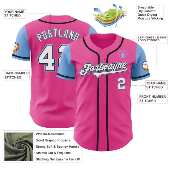 Maillot de baseball personnalisé authentique deux tons blanc-bleu clair rose Maillot de baseball personnalisé authentique deux tons blanc-bleu clair rose