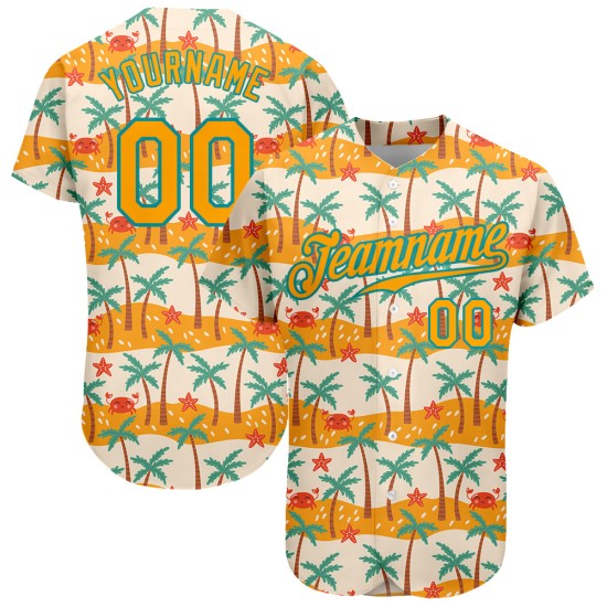 Maillot de baseball 3D motif palmiers doré et bleu sarcelle, motif authentique hawaïen, blanc, personnalisé Maillot de baseball 3D motif palmiers doré et bleu sarcelle, motif authentique hawaïen, blanc, personnalisé