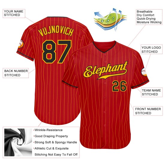 Maillot de baseball à rayures fines, doré, rouge, noir et doré, personnalisé et authentique Maillot de baseball à rayures fines, doré, rouge, noir et doré, personnalisé et authentique