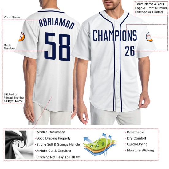 Maillot de baseball personnalisé blanc authentique bleu marine Maillot de baseball personnalisé blanc authentique bleu marine