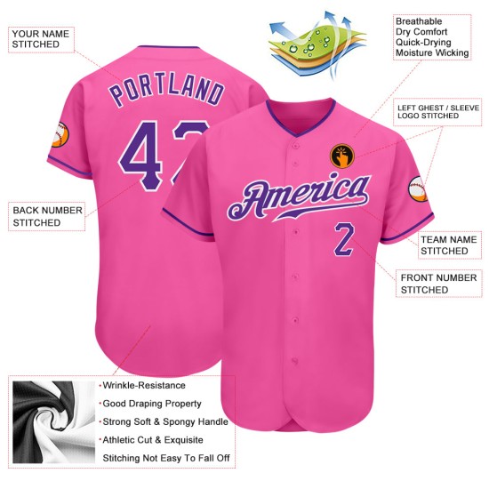 Maillot de baseball rose authentique violet-blanc personnalisé Maillot de baseball rose authentique violet-blanc personnalisé