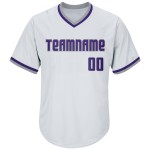 Maillot de baseball personnalisé authentique en jersey violet-gris blanc à côtes rétro Maillot de baseball personnalisé authentique en jersey violet-gris blanc à côtes rétro