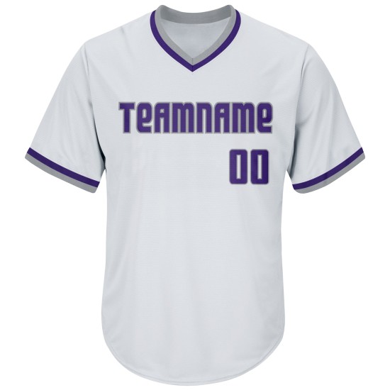 Maillot de baseball personnalisé authentique en jersey violet-gris blanc à côtes rétro Maillot de baseball personnalisé authentique en jersey violet-gris blanc à côtes rétro