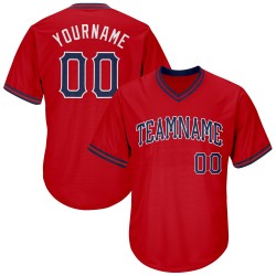 Maillot de baseball rouge authentique et personnalisé, en tricot côtelé, bleu marine et blanc