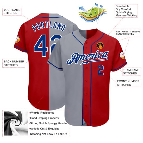 Maillot de baseball personnalisé rouge fendu authentique gris royal Maillot de baseball personnalisé rouge fendu authentique gris royal