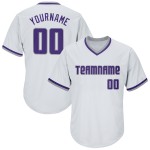 Maillot de baseball personnalisé authentique en jersey violet-gris blanc à côtes rétro Maillot de baseball personnalisé authentique en jersey violet-gris blanc à côtes rétro