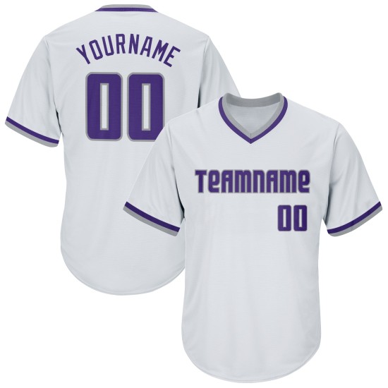 Maillot de baseball personnalisé authentique en jersey violet-gris blanc à côtes rétro Maillot de baseball personnalisé authentique en jersey violet-gris blanc à côtes rétro