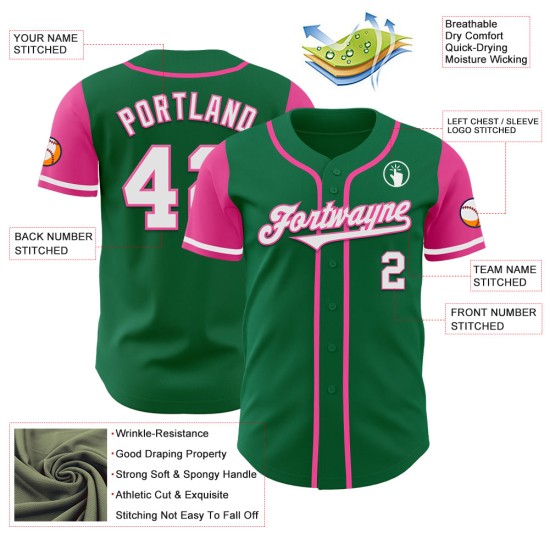 Maillot de baseball personnalisé vert, blanc et rose, authentique, Kelly Two Maillot de baseball personnalisé vert, blanc et rose, authentique, Kelly Two