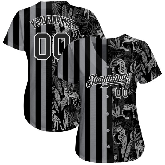 Maillot de baseball authentique 3D motif palmier noir et léopards, feuilles tropicales noires et grises, personnalisé Maillot de baseball authentique 3D motif palmier noir et léopards, feuilles tropicales noires et grises, personnalisé