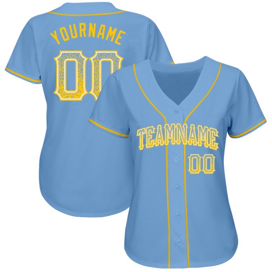 Maillot de baseball personnalisé bleu clair authentique or-blanc Drift Fashion Maillot de baseball personnalisé bleu clair authentique or-blanc Drift Fashion