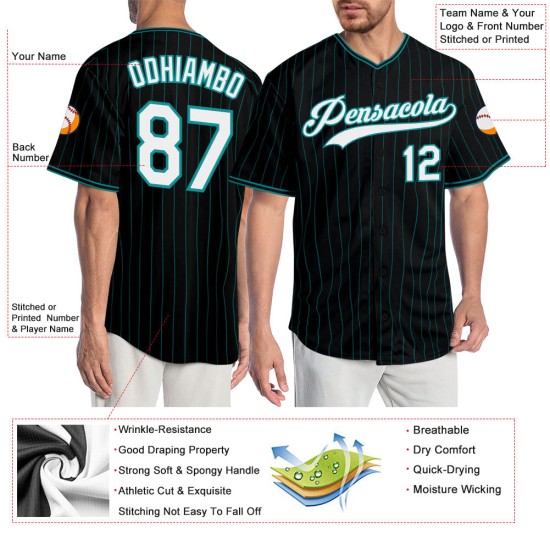 Maillot de baseball authentique à rayures fines, blanc, bleu sarcelle et noir Maillot de baseball authentique à rayures fines, blanc, bleu sarcelle et noir