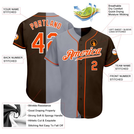 Maillot de baseball authentique marron fendu personnalisé mode orange-gris Maillot de baseball authentique marron fendu personnalisé mode orange-gris