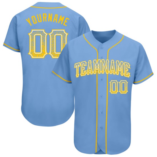 Maillot de baseball personnalisé bleu clair authentique or-blanc Drift Fashion Maillot de baseball personnalisé bleu clair authentique or-blanc Drift Fashion