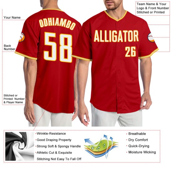 Maillot de baseball personnalisé authentique blanc-or rouge Maillot de baseball personnalisé authentique blanc-or rouge
