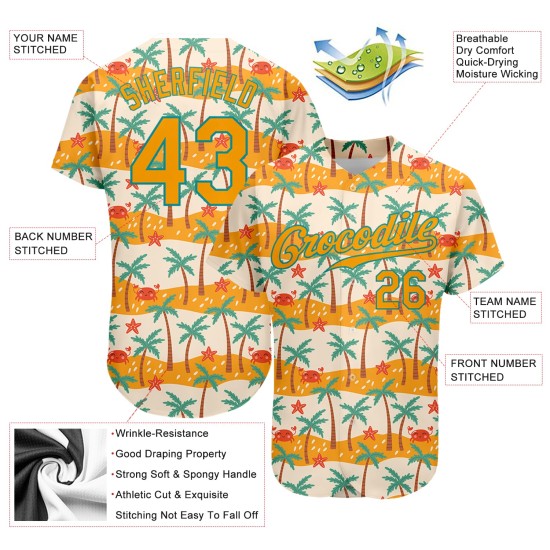 Maillot de baseball 3D motif palmiers doré et bleu sarcelle, motif authentique hawaïen, blanc, personnalisé Maillot de baseball 3D motif palmiers doré et bleu sarcelle, motif authentique hawaïen, blanc, personnalisé