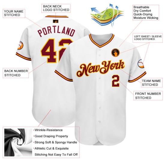 Maillot de baseball blanc authentique personnalisé cramoisi-or Maillot de baseball blanc authentique personnalisé cramoisi-or