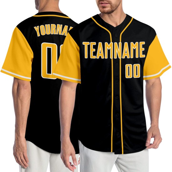 Maillot de baseball noir personnalisé authentique bicolore doré et blanc Maillot de baseball noir personnalisé authentique bicolore doré et blanc