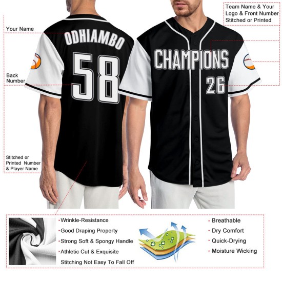 Maillot de baseball authentique noir personnalisé, ton blanc-gris Maillot de baseball authentique noir personnalisé, ton blanc-gris
