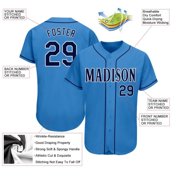 Maillot de baseball bleu marine, blanc et bleu poudre personnalisé authentique Maillot de baseball bleu marine, blanc et bleu poudre personnalisé authentique