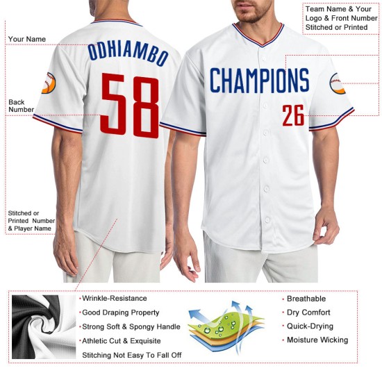 Maillot de baseball personnalisé authentique rouge-blanc royal Maillot de baseball personnalisé authentique rouge-blanc royal