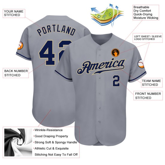 Maillot de baseball personnalisé bleu marine-gris Vegas, doré et authentique Maillot de baseball personnalisé bleu marine-gris Vegas, doré et authentique