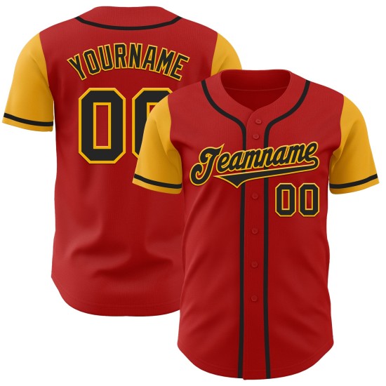 Maillot de baseball rouge personnalisé ton deux noir-or authentique Maillot de baseball rouge personnalisé ton deux noir-or authentique