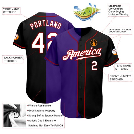 Maillot Split Noir Personnalisé Authentique Mode Baseball Blanc-Violet Maillot Split Noir Personnalisé Authentique Mode Baseball Blanc-Violet