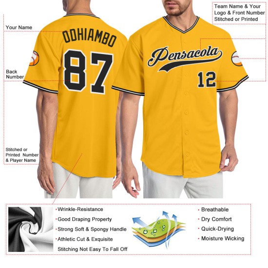 Maillot de baseball personnalisé authentique doré noir et blanc Maillot de baseball personnalisé authentique doré noir et blanc
