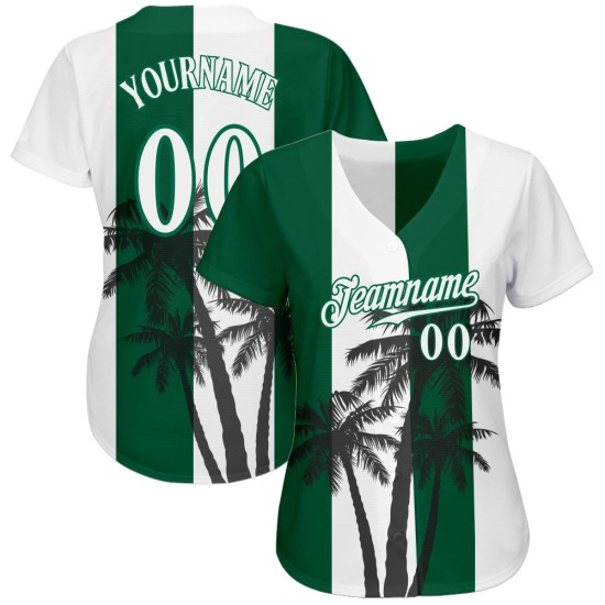 Maillot de baseball vert 3D blanc Kelly, motif authentique de cocotiers hawaïens, motif personnalisé blanc Maillot de baseball vert 3D blanc Kelly, motif authentique de cocotiers hawaïens, motif personnalisé blanc