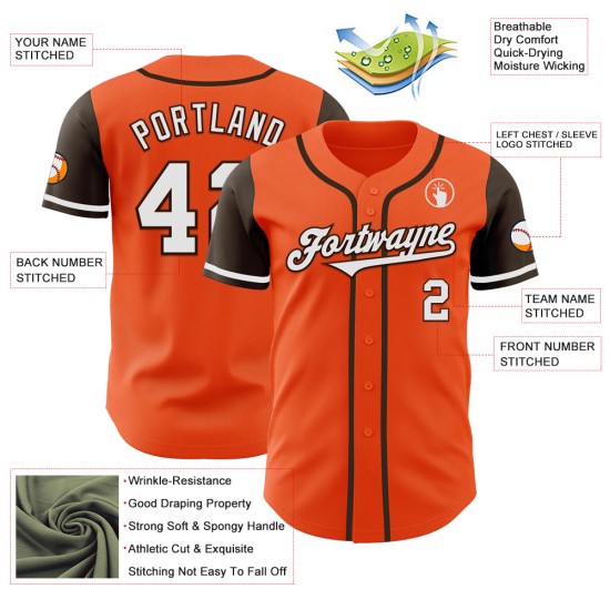Maillot de baseball personnalisé orange authentique bicolore blanc-marron Maillot de baseball personnalisé orange authentique bicolore blanc-marron