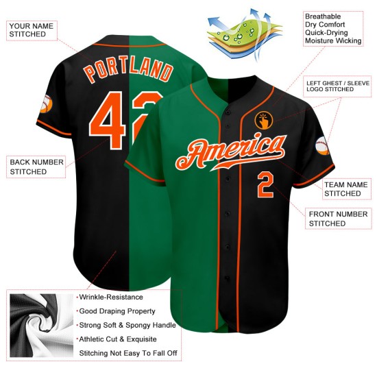 Maillot de baseball noir Green Fashion Orange-Kelly personnalisé Split authentique Maillot de baseball noir Green Fashion Orange-Kelly personnalisé Split authentique