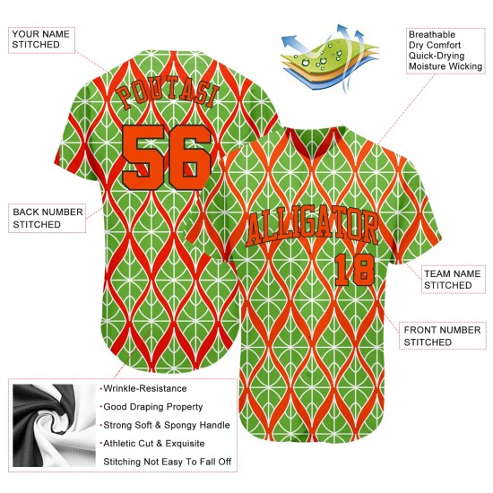 Maillot de baseball orange-noir, motif vert fluo personnalisé 3D, authentique Maillot de baseball orange-noir, motif vert fluo personnalisé 3D, authentique