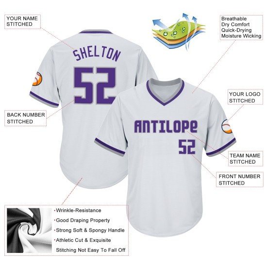 Maillot de baseball personnalisé authentique en jersey violet-gris blanc à côtes rétro Maillot de baseball personnalisé authentique en jersey violet-gris blanc à côtes rétro