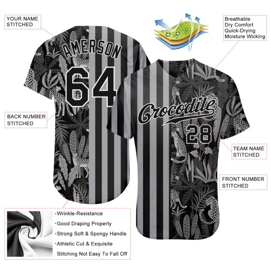 Maillot de baseball authentique 3D motif palmier noir et léopards, feuilles tropicales noires et grises, personnalisé Maillot de baseball authentique 3D motif palmier noir et léopards, feuilles tropicales noires et grises, personnalisé