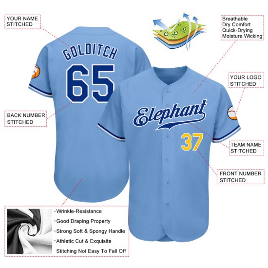 Maillot de baseball bleu clair personnalisé Royal-Gold authentique Maillot de baseball bleu clair personnalisé Royal-Gold authentique