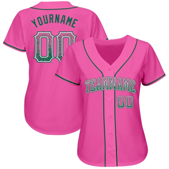 Maillot de baseball personnalisé Kelly Drift Fashion, rose authentique, vert et blanc Maillot de baseball personnalisé Kelly Drift Fashion, rose authentique, vert et blanc