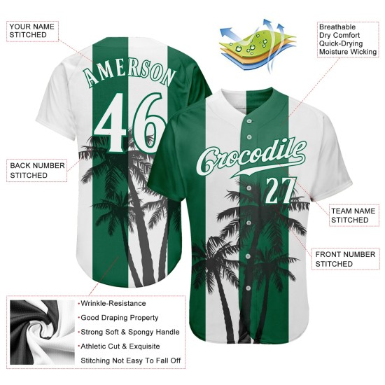 Maillot de baseball vert 3D blanc Kelly, motif authentique de cocotiers hawaïens, motif personnalisé blanc Maillot de baseball vert 3D blanc Kelly, motif authentique de cocotiers hawaïens, motif personnalisé blanc